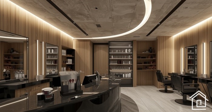 میز پذیرش آرایشگاه با دستگاه قهوه و فضای دوستانه