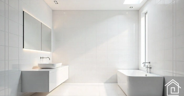 بازسازی حمام مدرن با کاشی سفید و نورپردازی سقفی