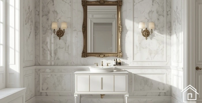 سرویس بهداشتی نئوکلاسیک با سنگ مرمر روشن و آینه قاب‌دار
