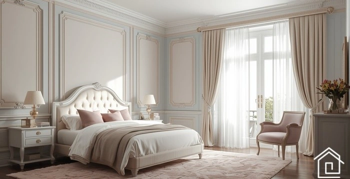 اتاق خواب نئوکلاسیک با رنگ‌های ملایم و تاج تخت کلاسیک