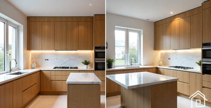 قبل و بعد از بازسازی آشپزخانه مدرن در اصفهان با کابینت چوبی و صفحه سنگی