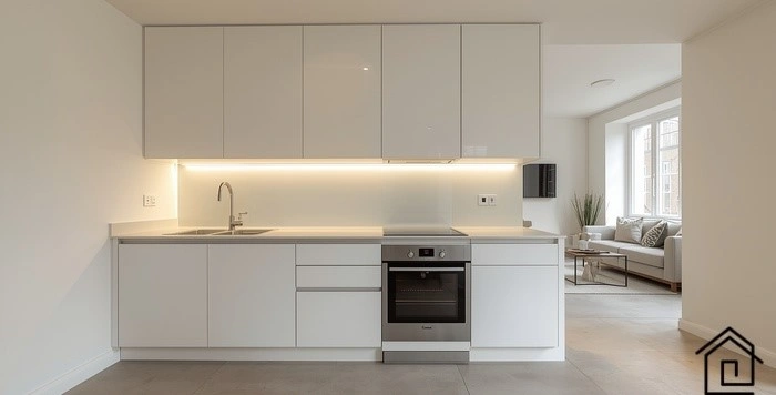 بازسازی آشپزخانه کوچک با کابینت سفید و نور مخفی