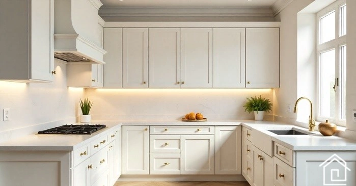 آشپزخانه نئوکلاسیک با کابینت سفید و طلایی