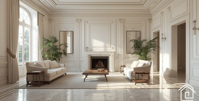 پذیرایی نئوکلاسیک با طراحی لوکس و نور طبیعی