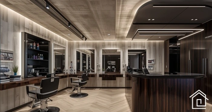 دکوراسیون لوکس آرایشگاه با نور مخفی و میز شیک