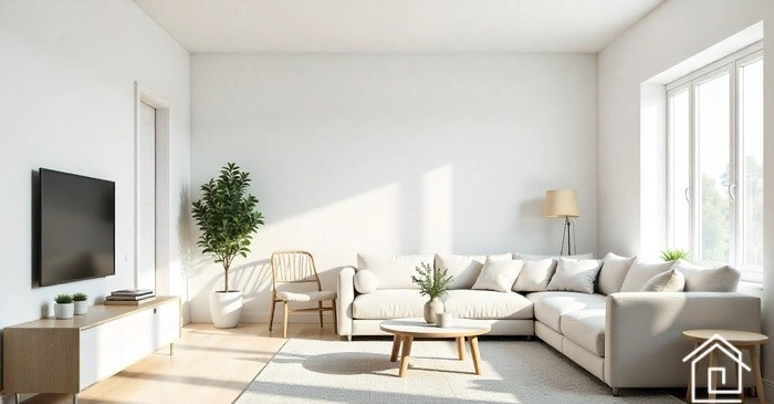 طراحی داخلی مینیمال در اتاق نشیمن با نور طبیعی و مبلمان سفید