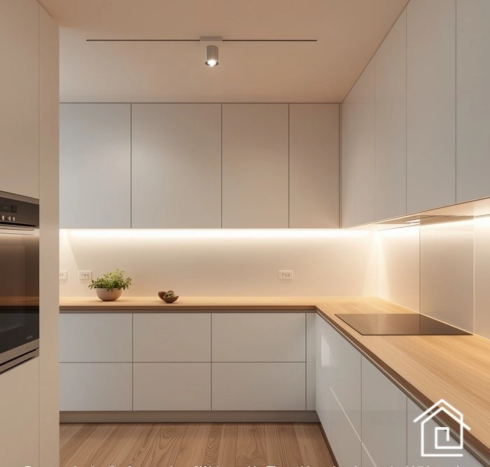 آشپزخانه مینیمال با کابینت سفید و نورپردازی آرام