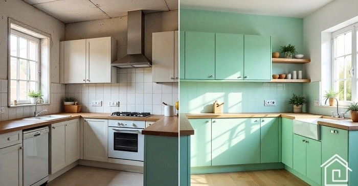 قبل و بعد رنگآمیزی دیوار آشپزخانه با رنگ شاد و نور طبیعی
