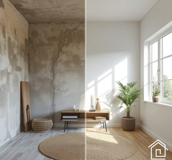 قبل و بعد رنگآمیزی دیوار اتاق با رنگ ملایم و دکور مدرن