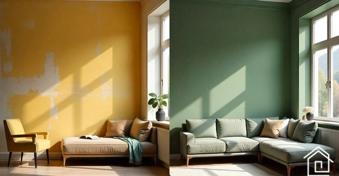 قبل و بعد رنگ زدن دیوار پذیرایی با رنگ گرم و دکور شیک و صمیمی