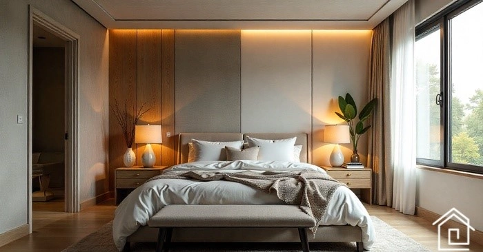 تصویر قبل و بعد بازسازی اتاق خواب در تهران با طراحی مینیمال، تخت بزرگ و نورپردازی مدرن