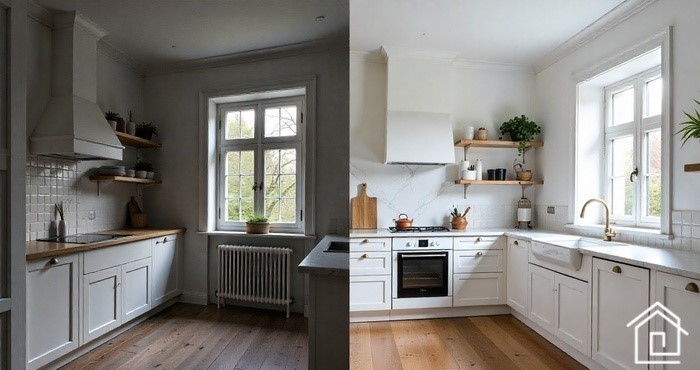 تصویر قبل و بعد بازسازی آشپزخانه در تهران با کابینت سفید، صفحه سنگ مرمر و کف چوبی