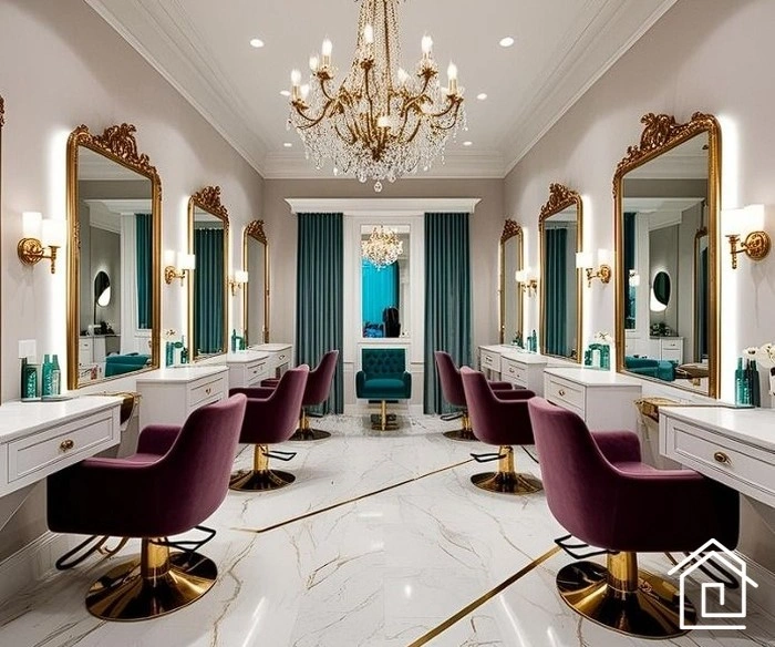 دکوراسیون داخلی سالن زیبایی زنانه کلاسیک با لوستر کریستالی و آینه‌های طلایی