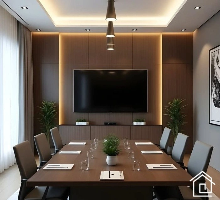 طراحی دفترکار هوشمند: اتاق جلسه با تجهیزات ویدئو کنفرانس مدرن