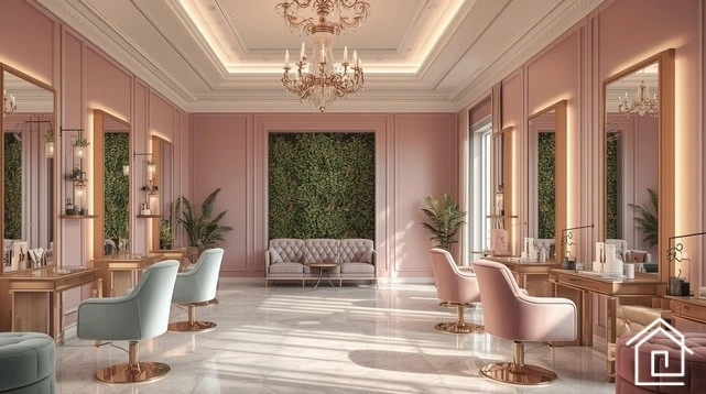 نمای داخلی آرایشگاه زنانه لوکس با طراحی مدرن و رنگ‌های پاستلی