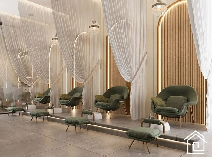 دکوراسیون آرایشگاه زنانه ام دی اف با صندلی های سبز و طراحی مدرن