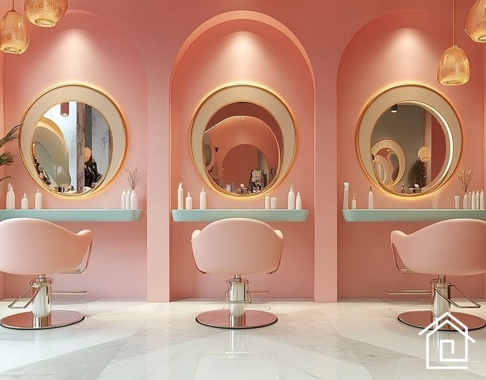 دکور آرایشگاه زنانه جدید با صندلی های صورتی و نورپردازی مخفی LED