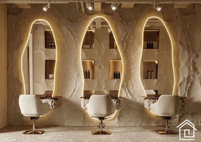 دیزاین سالن زیبایی زنانه با نورپردازی مخفی LED و دیوارهای قهوه ای